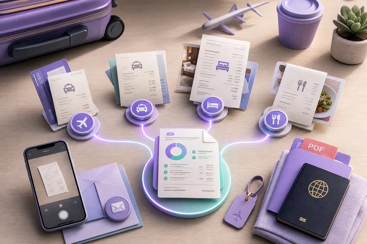 Multiple travel receipts flowing into one organized trip record from mobile and email sources.
