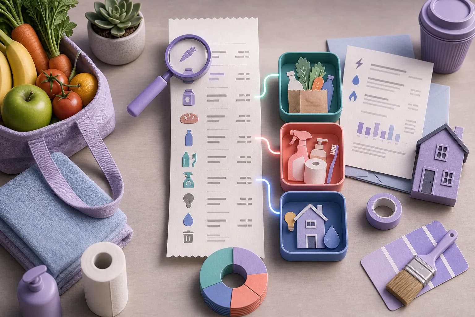 Household receipts separated into focused categories for a private reimbursement package.