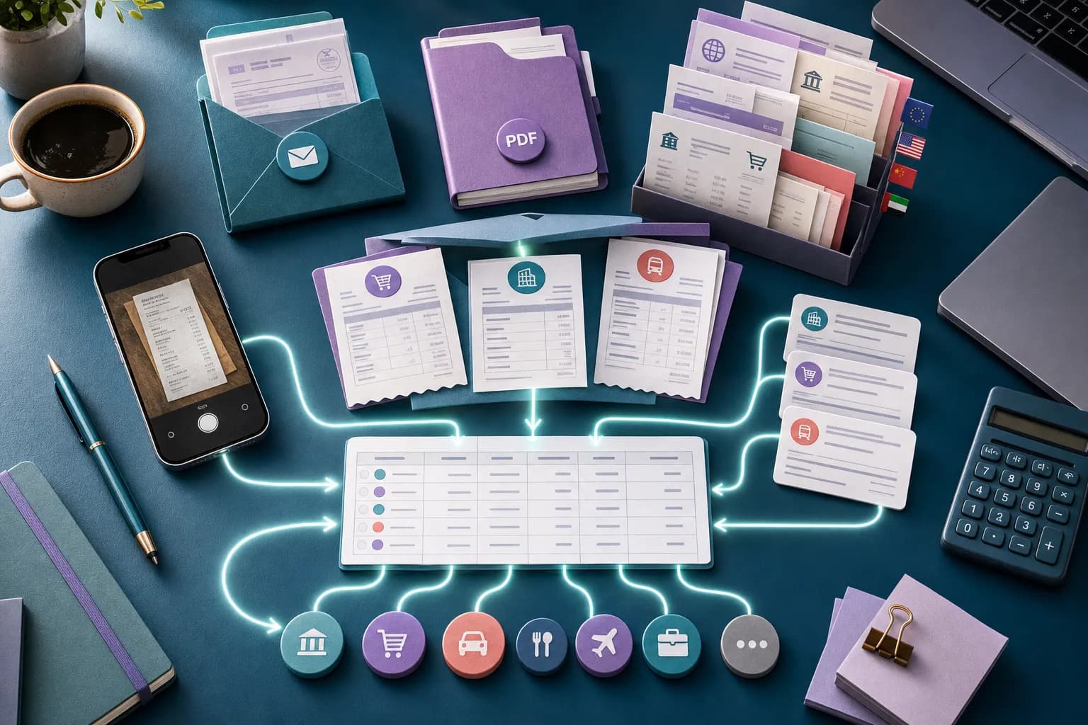 Field receipt photos and supplier documents entering one small-business expense workflow.