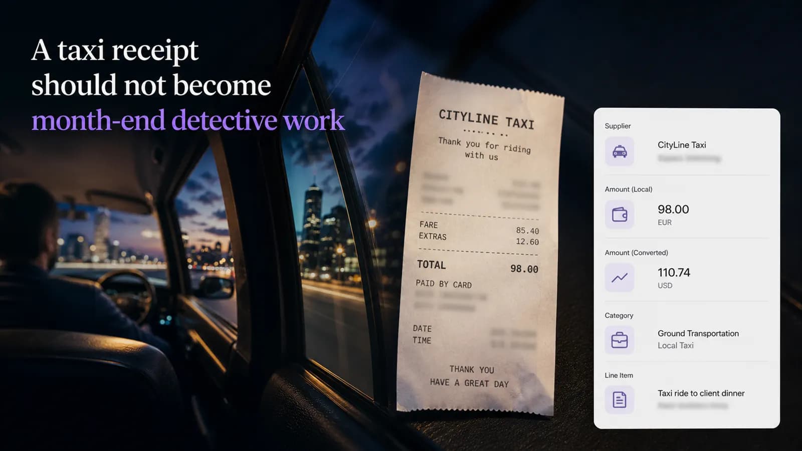 A taxi receipt and mobile trip record preserved during business travel.