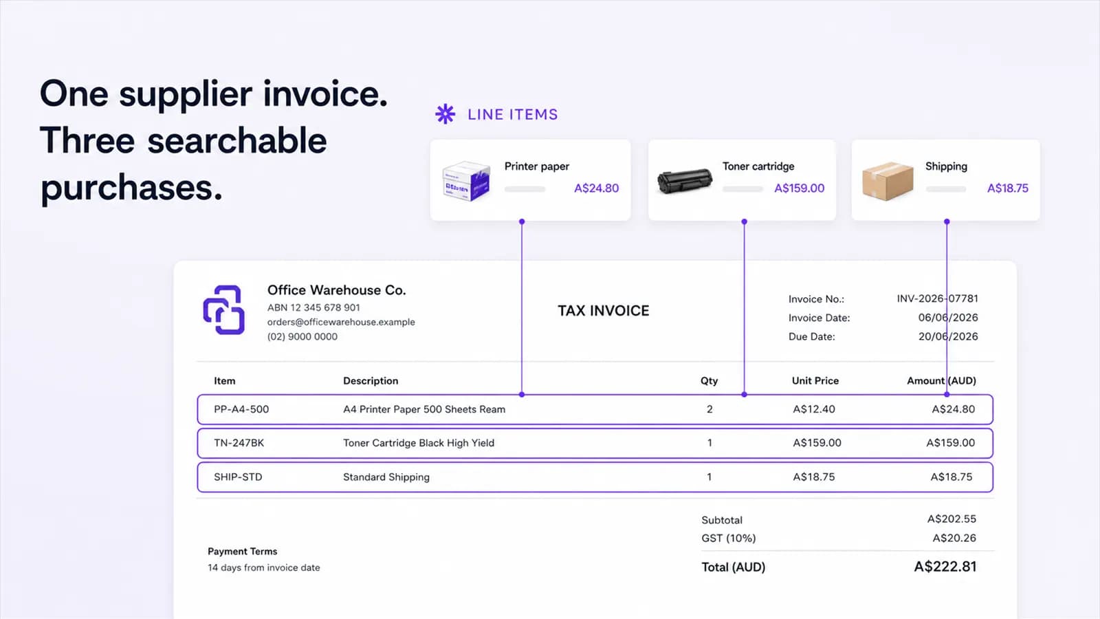 Office-supply line items retained inside a structured receipt for later search.