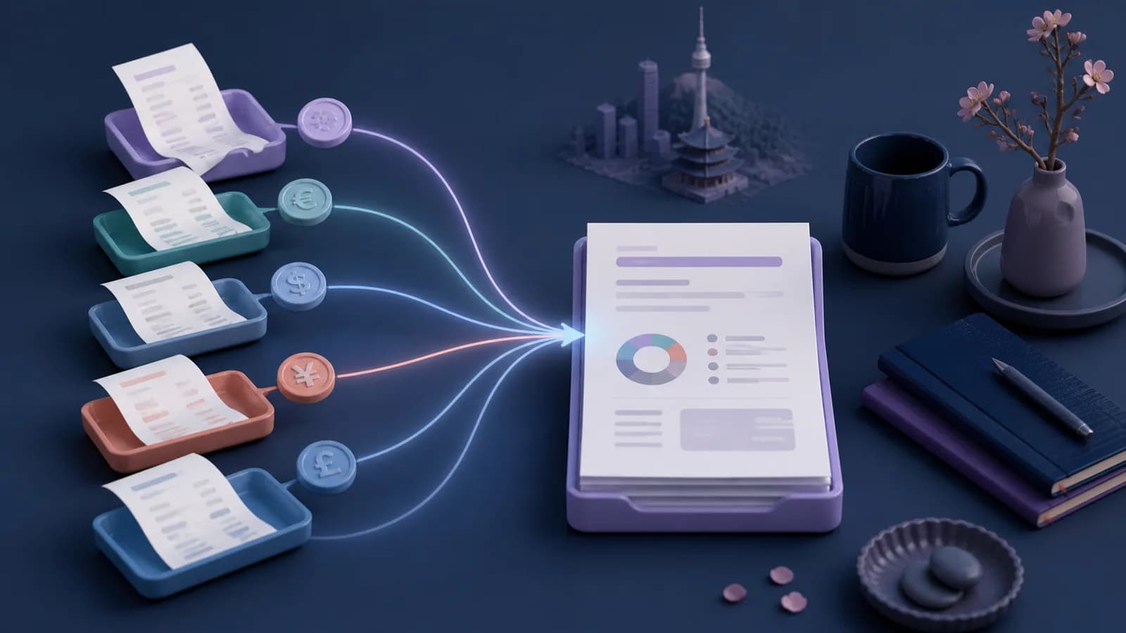 여러 통화의 영수증을 하나의 검토 과정으로 모으기